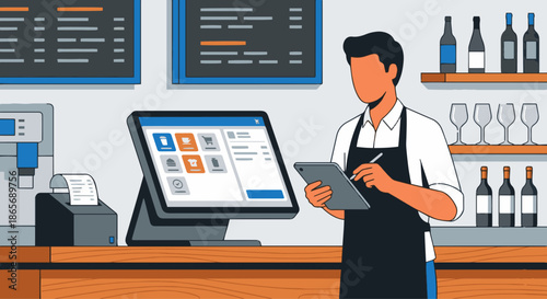 Waiter Using POS System
A flat vector illustration of a waiter using a digital POS system or handheld device to manage orders. Counter or service station in the background. 