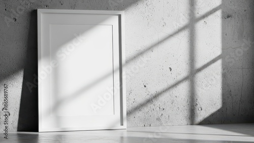 A white door leaning against a concrete wall with sunlight streaming through a window