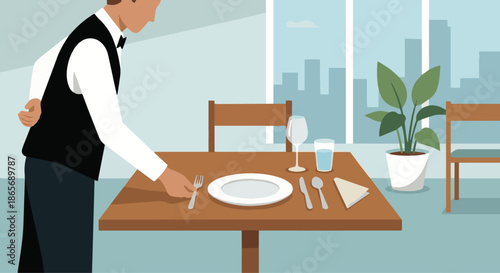 Waiter Setting the Table
A flat vector illustration of a waiter setting a dining table with plates, cutlery, and glasses. Clean and organized table setting. 