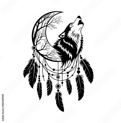 Intricate black and white vector tattoo illustration featuring a howling wolf profile inside a crescent moon made of branches, adorned with hanging tribal dreamcatcher feathers and beads