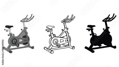 Three different representations of a stationary exercise bicycle are shown.