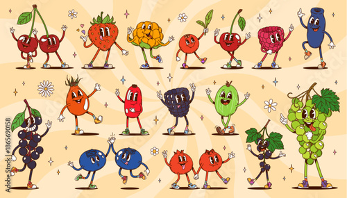 Groovy hippie berry characters. Cartoon cute strawberry, cherry raspberry and blueberry. Blackcurrant, barberry, blackberry or gooseberry, green grape and rosehip dances and smiles in a fun retro vibe