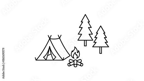 Camping Tent and Pine Trees.