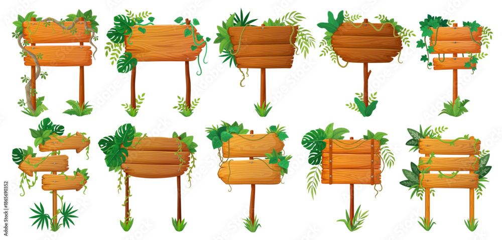 Fototapeta premium Wooden plate sign boards with jungle lianas and tropical leaves lianas. Isolated cartoon vector timber banners on poles with nails and hanging vines. Game menu panels with rainforest creeper plants