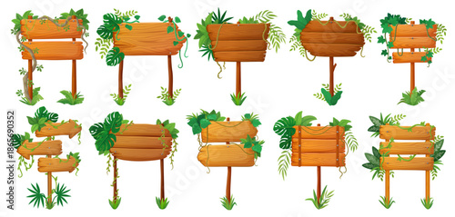 Wooden plate sign boards with jungle lianas and tropical leaves lianas. Isolated cartoon vector timber banners on poles with nails and hanging vines. Game menu panels with rainforest creeper plants