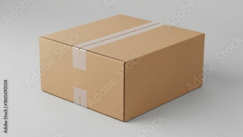 A brown cardboard box with white packing tape on top and sides