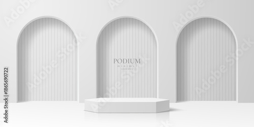 Arch and white cosmetic product presentation stand vector background. Minimal geometric display platform or podium stand with arches at background. Empty white showroom for cosmetics presentation