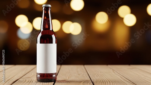 A brown glass bottle with a white label on a wooden table