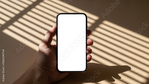 Hand holding smartphone with blank screen in front of window blinds