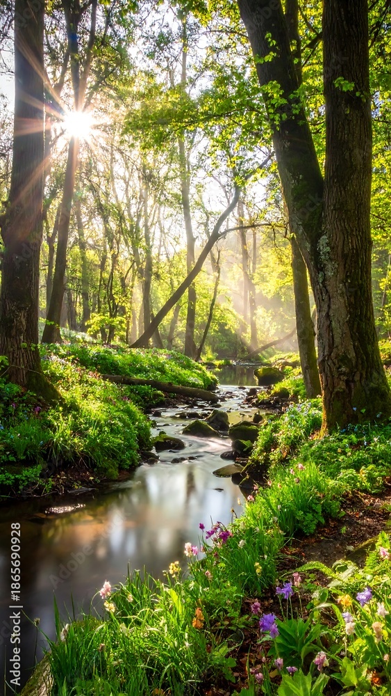 Obraz premium Sun shines through trees, lighting a stream in a lush, green forest