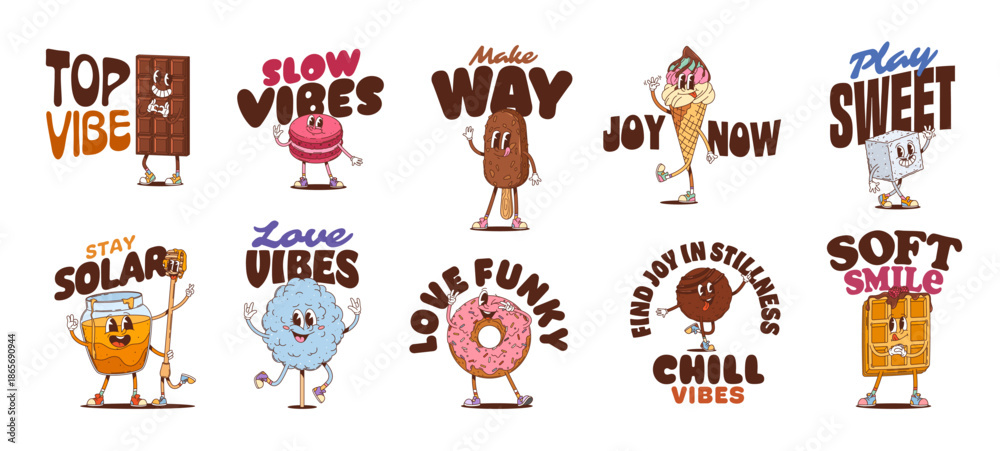 Naklejka premium Sweets and desserts Y2K groovy stickers of cartoon funny pastry, vector characters. Y2K groovy stickers of funky ice cream with happy donut and smiling waffles in good mood with positive emotions
