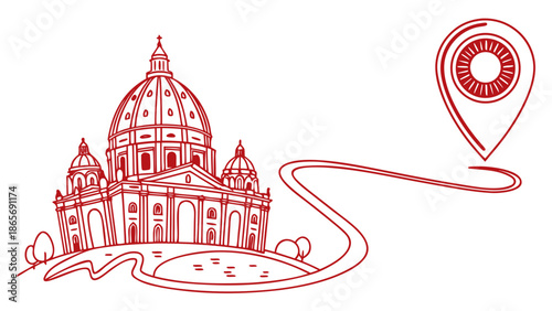 Architectural landmark destination with a winding path and location marker