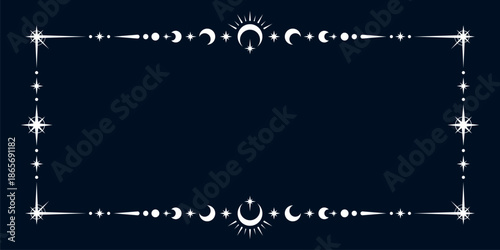 Esoteric celestial frame. Vector gold mystical magic decorative border, adorned with golden stars, suns, moons and beams. Mystic boho style magical, astrological, wicca background with space symbols