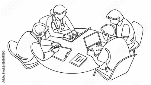 Medical professionals collaborating around a table, discussing patient care and research.