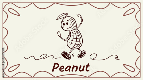 Whimsical cartoon peanut character with a joyful stride, illustrated on a vintage background.