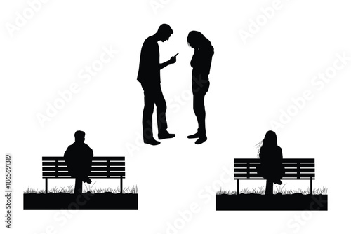 Relationship Conflict and Breakup Silhouette Illustration Set Showing Argument and Loneliness