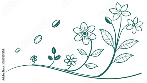 Delicate illustration of a plant growing from a seed to a blooming flower.