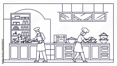 Chefs preparing food in a busy professional kitchen, working together to create a meal.