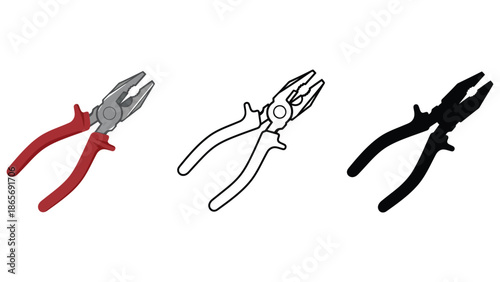 Three different representations of pliers are shown side by side.