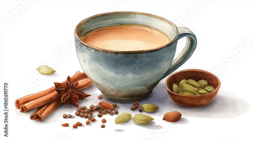 Hand-drawn watercolor illustration of Indian masala chai tea in cup, aromatic spices