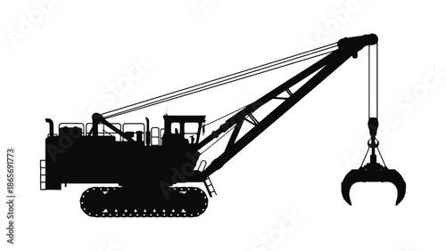 A silhouette of a large industrial crane with a claw attachment is shown.