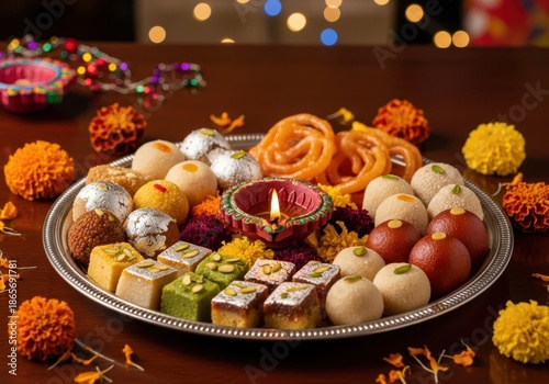 Assorted indian sweets on a decorative platter for a festive celebration