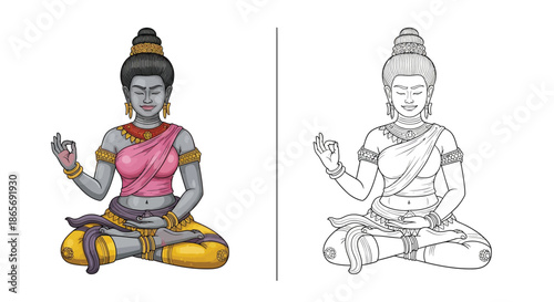 Seated Buddha Performing Om Mudra Meditation Color and Detailed Line Art Drawing Set