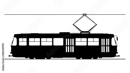 A silhouette of a tram with a pantograph connected to overhead wires.