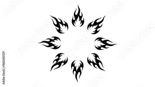 A circular arrangement of stylized black flames on a white background.