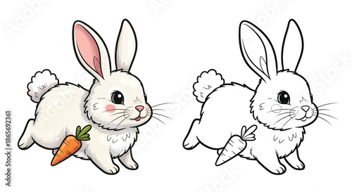 Cute Cartoon Bunny Rabbit With Carrots and Easter Eggs Coloring Page for Kids Activity