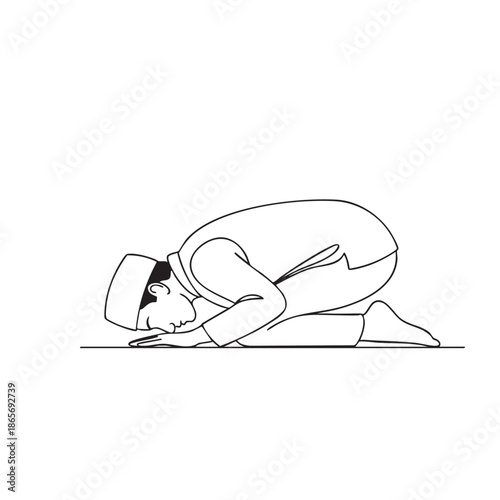 Muslim man in prostration Sujud position during prayer in minimalist line art style symbolizing humility and faith