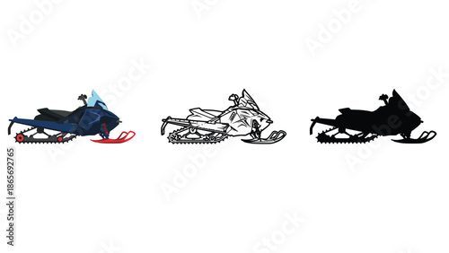 A colorful illustration of snowmobiles in different design styles and colors