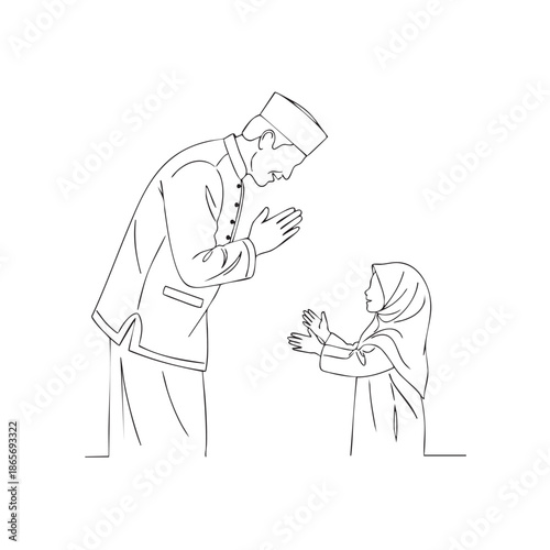 Traditional greeting line art showing a man and a young girl in hijab celebrating Eid and asking for forgiveness