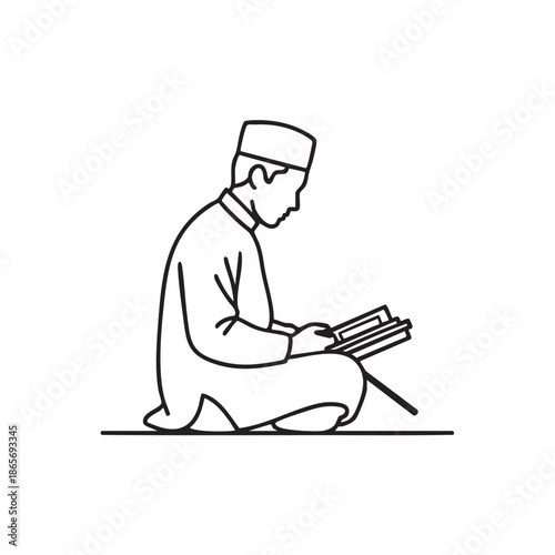 Muslim man sitting and reading the holy Quran on a book stand line art illustration for spiritual study