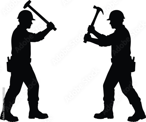 Construction workers silhouette using hammer tools isolated vector, industrial labor action pose illustration for building, repair, safety, and engineering concepts