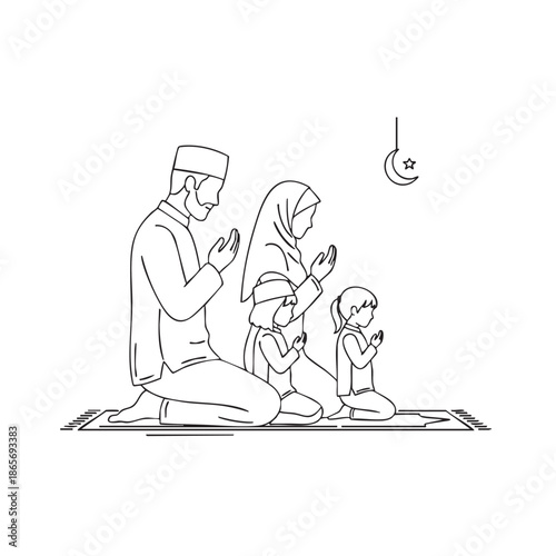 Muslim family praying together on a prayer mat with crescent moon and star, line art illustration of Islamic faith and devotion