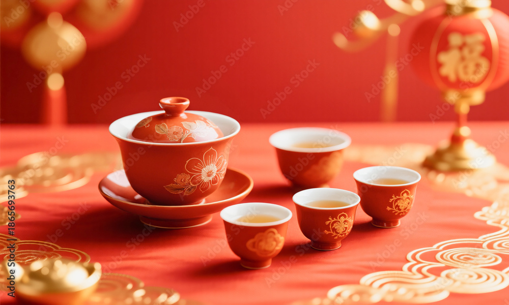 Fototapeta premium Traditional tea set for lunar new year red cloth background gold decor Generative AI