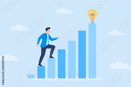 Man climbing bar chart stairs towards a bright lightbulb idea concept illustration
