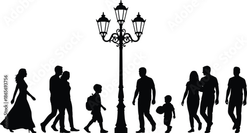 Family silhouettes walking under street lamp, urban lifestyle concept, parents and children together, evening city scene, community bonding illustration
