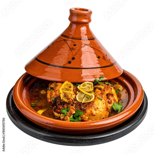 Fragrant moroccan chicken tagine with preserved lemons and olives, a traditional and aromatic stew, perfectly isolated on white background