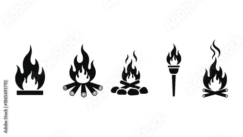 A collection of five different fire icons and symbols.