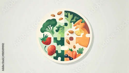Healthy food puzzle featuring vibrant vegetables and nuts on a light background, healthy food puzzle, dietary blogs, nutrition blogs, healthy food promotion, fat free diet, diabetic support