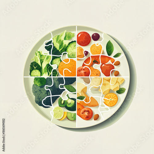 Healthy food puzzle with colorful fruits and vegetables on a light background, dietary blogs, nutrition blogs, healthy food promotion, fat free diet, diabetic support