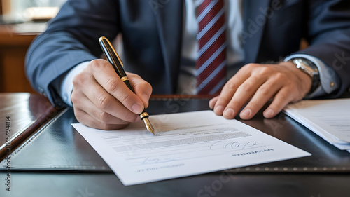 Businessman Signing Contract or Loan Agreement with Fountain Pen