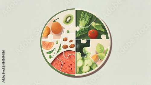 Healthy food puzzle featuring fresh fruits and vegetables on a neutral background, dietary blogs, nutrition blogs, healthy food promotion, fat free diet, diabetic support