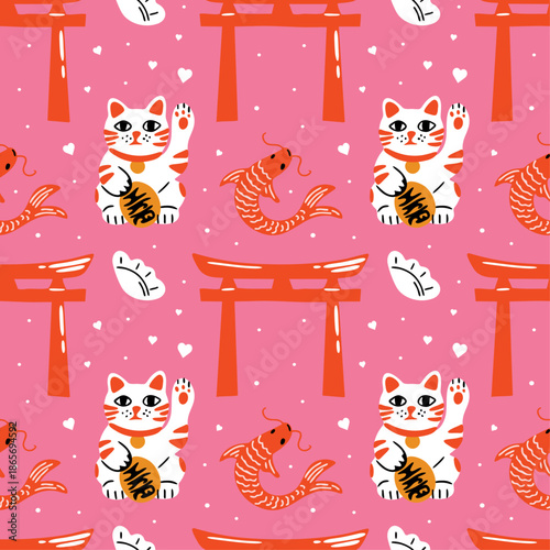 Japan travel, tourism concept seamless vector kawaii pattern with cute cartoon illustration of maneki neko lucky cat, koi fish for design, package, wrapping paper