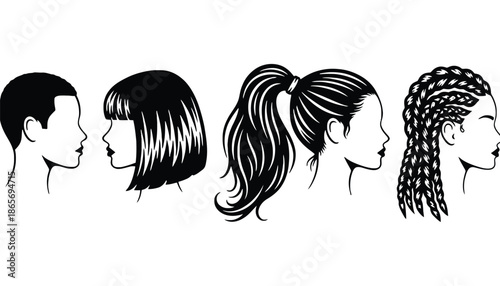 A black and white illustration of four different hairstyles for men and women