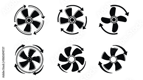 Six different fan blade designs with rotation arrows are shown.