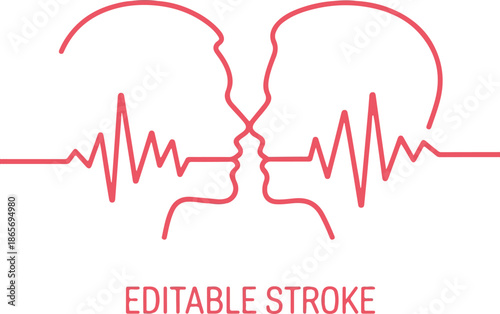 Editable red line love couple, man, woman head, line art vector. Heart rhythm ekg vector design to use in love, healthy lifestyle, emotion, romance concept illustration projects