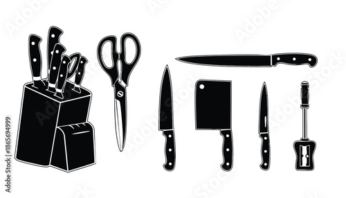 A set of kitchen utensils including knives and scissors on a white background